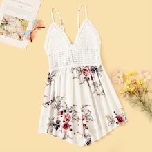 Romwe Crochet Bodice Tie Back Floral Print Romper