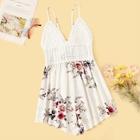 Romwe Crochet Bodice Tie Back Floral Print Romper