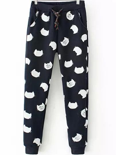 Romwe Drawstring Cat Print Black Pant