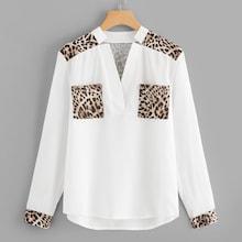 Romwe Leopard Panel V Neck Blouse