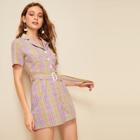 Romwe Colorful Tartan Belted Notched Shirt Romper