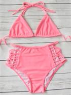 Romwe Pink Ladder Cutout Triangle High Waist Bikini Set