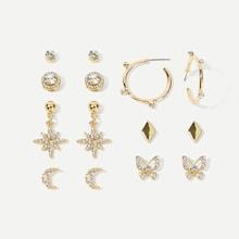 Romwe Rhinestone Butterfly & Moon Stud Earrings 7pairs