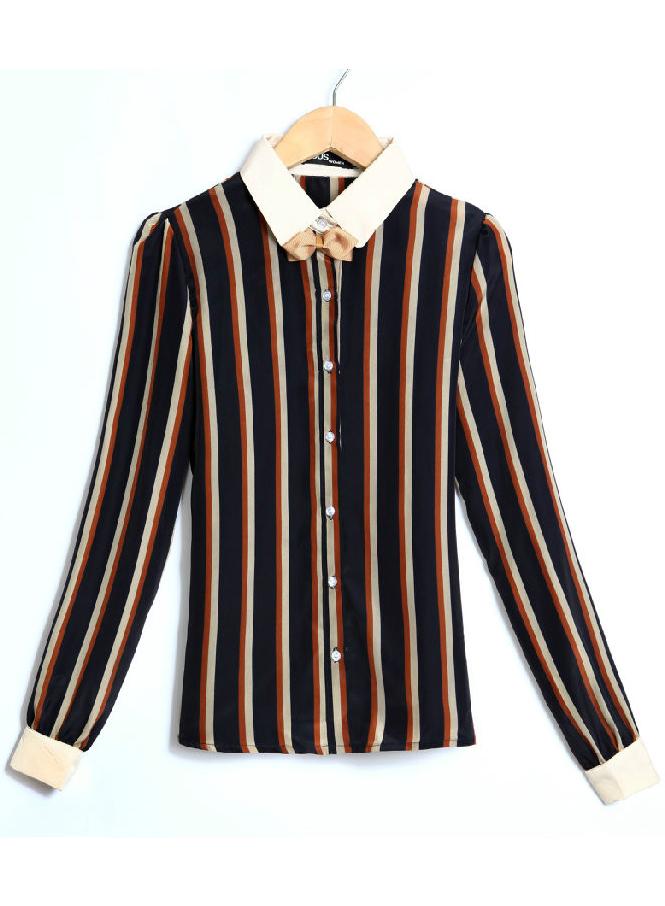Romwe Vertical Stripe Bow Blouse