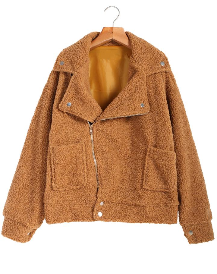 Romwe Oblique Zipper Pockets Crop Khaki Coat