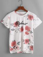 Romwe Floral And Graphic Print Dip Hem T-shirt