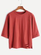 Romwe Brick Red Ripped Slit Side T-shirt
