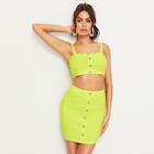 Romwe Neon Lime Frill Trim Rib-knit Button Crop Top & Skirt Set