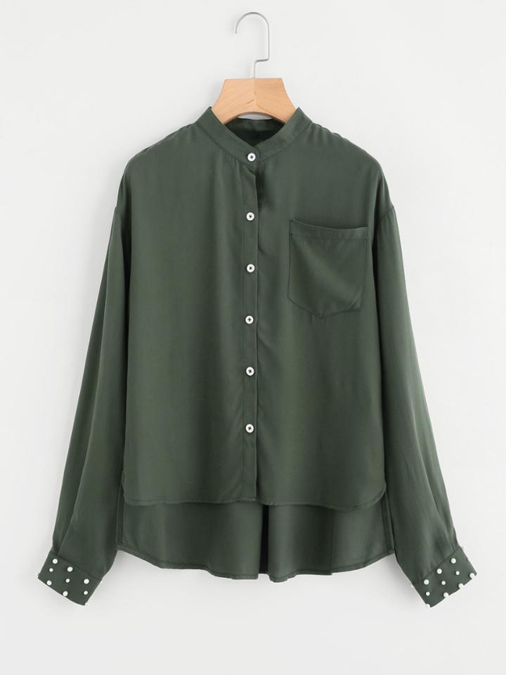 Romwe Pearl Beaded Cuff Pocket Front Dip Hem Blouse