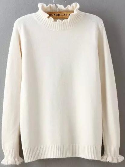 Romwe High Neck Fungus Edge White Sweater