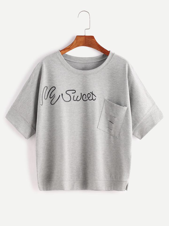 Romwe Heather Grey Letter Print Ripped Pocket T-shirt