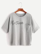 Romwe Heather Grey Letter Print Ripped Pocket T-shirt