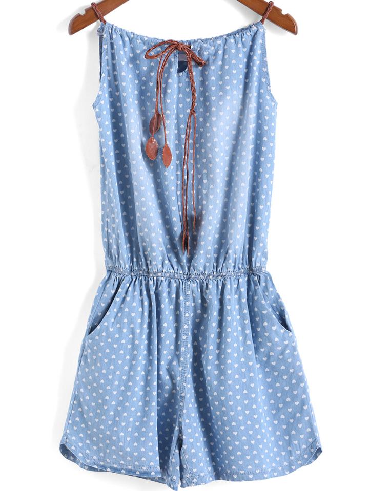 Romwe Light Blue Spaghetti Strap Hearts Print Denim Jumpsuit
