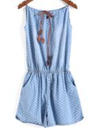 Romwe Light Blue Spaghetti Strap Hearts Print Denim Jumpsuit
