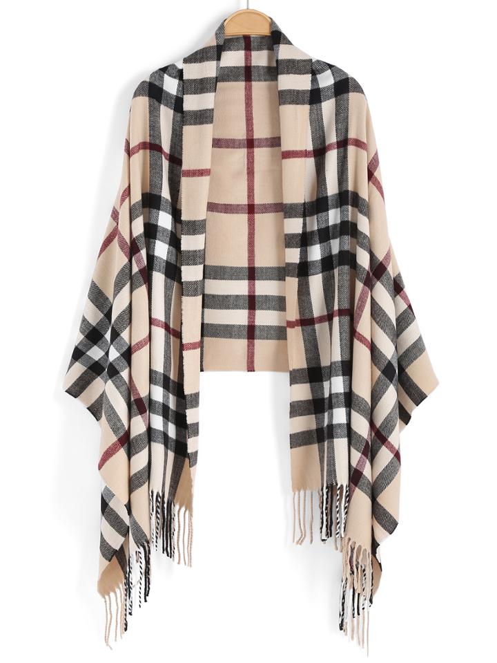 Romwe Plaid Tassel Apricot Scarf