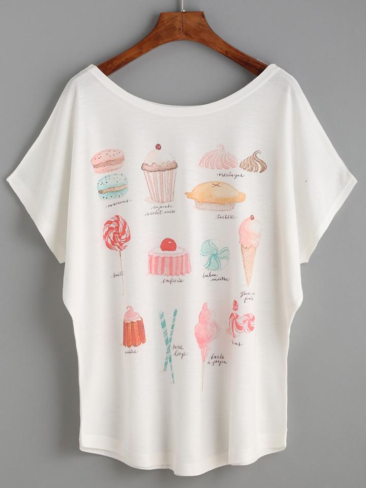 Romwe White Cake Print T-shirt