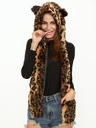 Romwe Leopard Pattern Faux Fur Hood Hat With Pockets