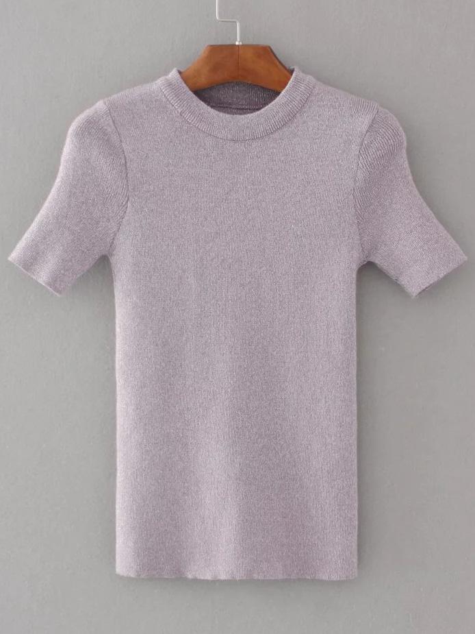 Romwe Purple Crew Neck Short Sleeve Knitwear