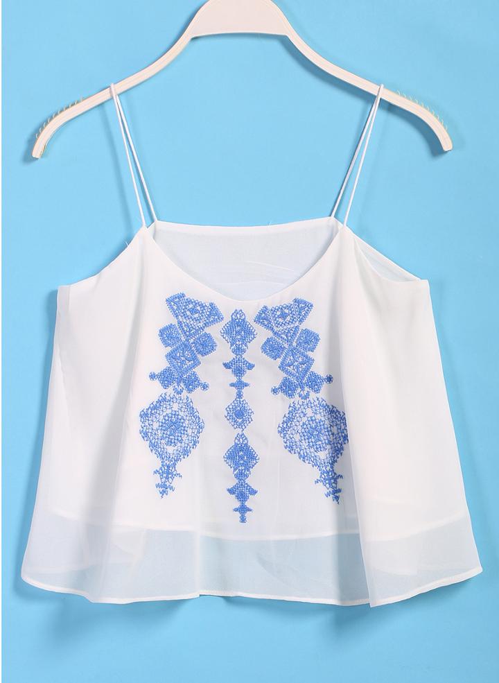 Romwe Spaghetti Strap Embroidered Loose Vest