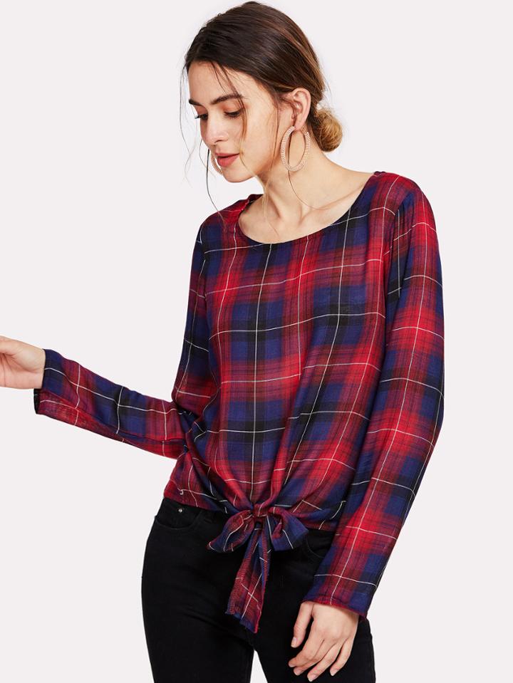Romwe Knot Front Plaid Top