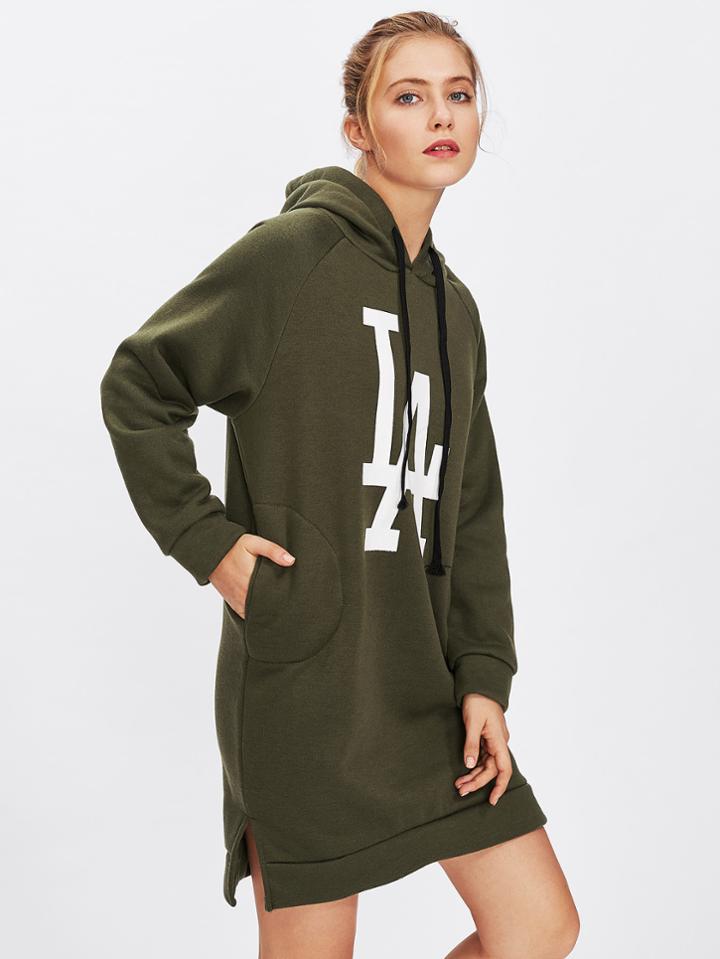 Romwe Letter Print Side Split Hooded Sweatshirt Dress