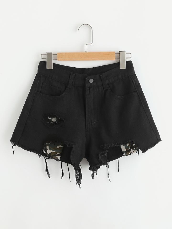 Romwe Destroyed Fray Hem Camo Pocket Denim Shorts