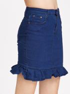 Romwe Dark Blue Ruffle Hem Denim Skirt