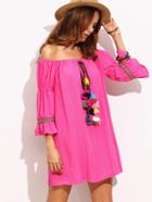 Romwe Hot Pink Off The Shoulder Tassel And Woven Tape Dress