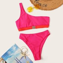 Romwe One Shoulder Buckle Top With High Cut Bikini Set