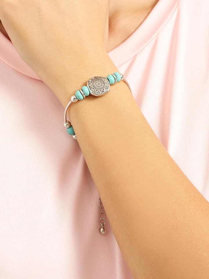 Romwe Antique Silver Turquoise Beaded Bracelet