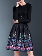 Romwe Black Knit Print Jacquard Combo Dress