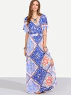 Romwe Multicolor Print V Neck Split Side Maxi Dress