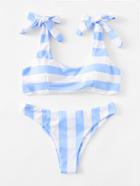 Romwe Striped Ruched Detail Bikini Set