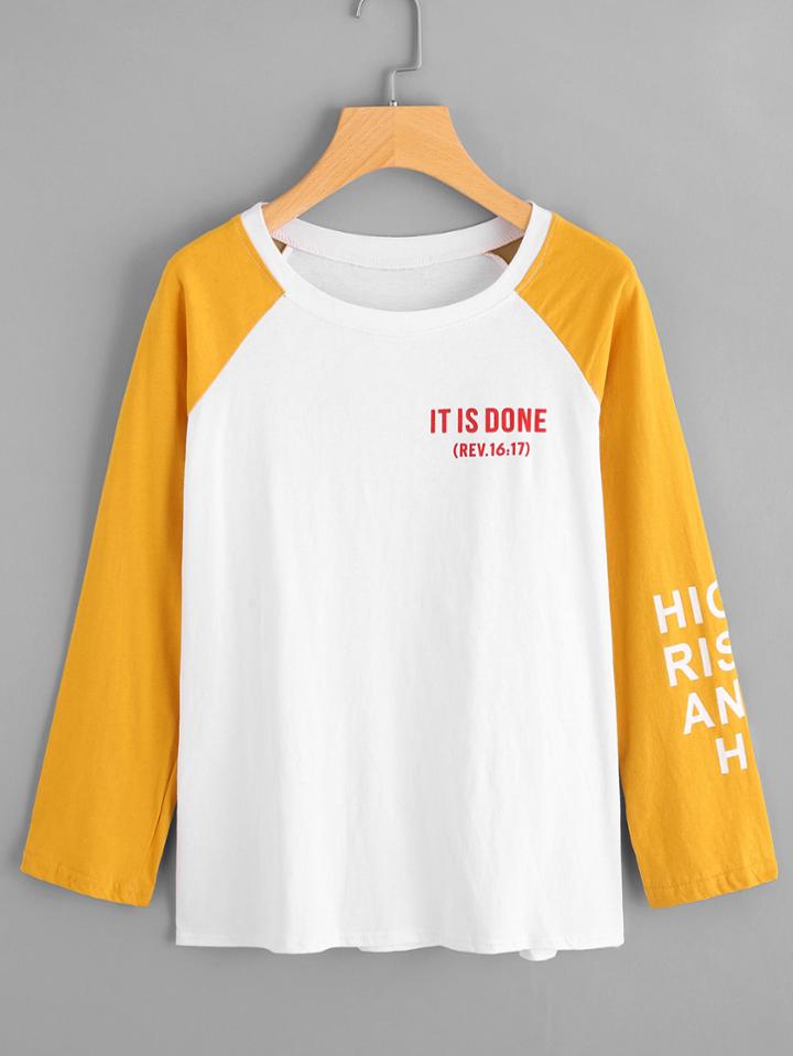 Romwe Contrast Raglan Sleeve Letter Print Tee