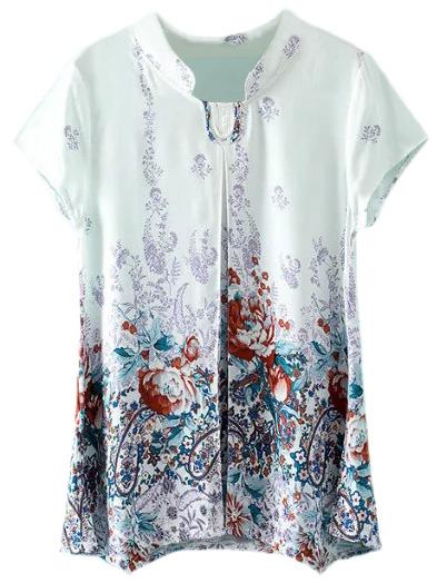 Romwe Multicolor Short Sleeve Band Collar Print Blouse