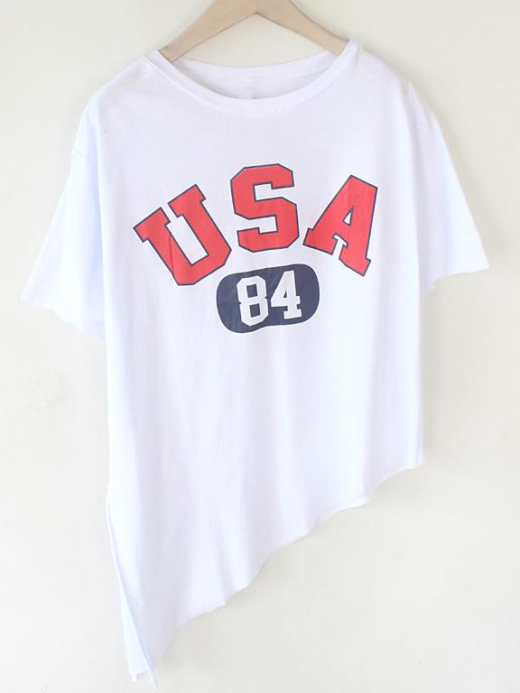 Romwe White Letter Print Asymmetric T-shirt