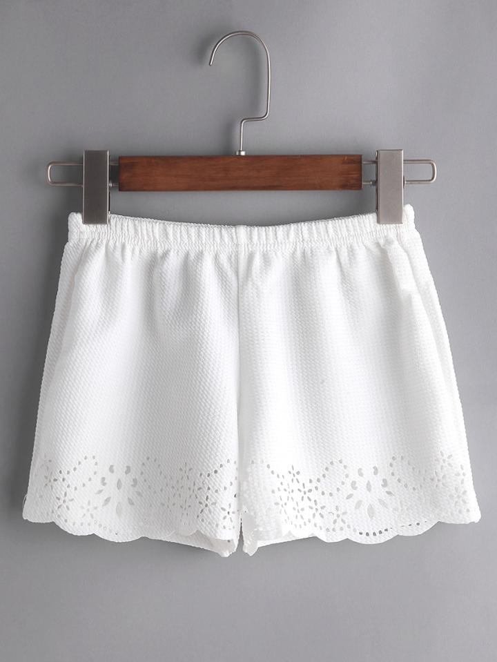 Romwe White Hollow Out Scallop Hem Shorts