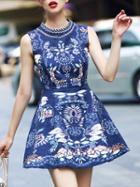Romwe Blue Stand Collar Sleeveless Print Dress