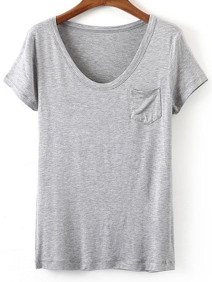 Romwe Grey V Neck Pocket Short Sleeve Casual T-shirt