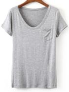 Romwe Grey V Neck Pocket Short Sleeve Casual T-shirt