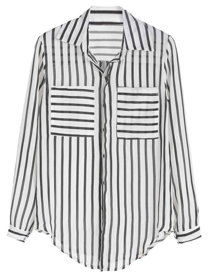 Romwe Black And White Vertical Striped Curved Hem Pocket Blouse