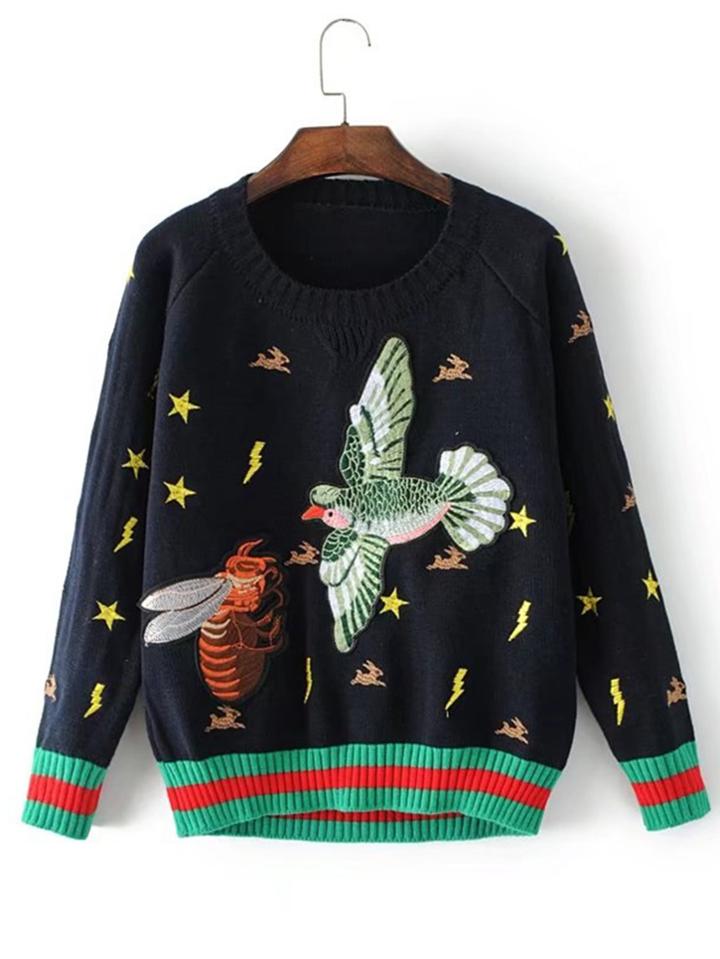 Romwe Block Striped Hem Bird Embroidery Jumper Sweater