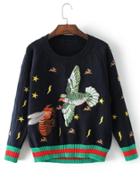 Romwe Block Striped Hem Bird Embroidery Jumper Sweater