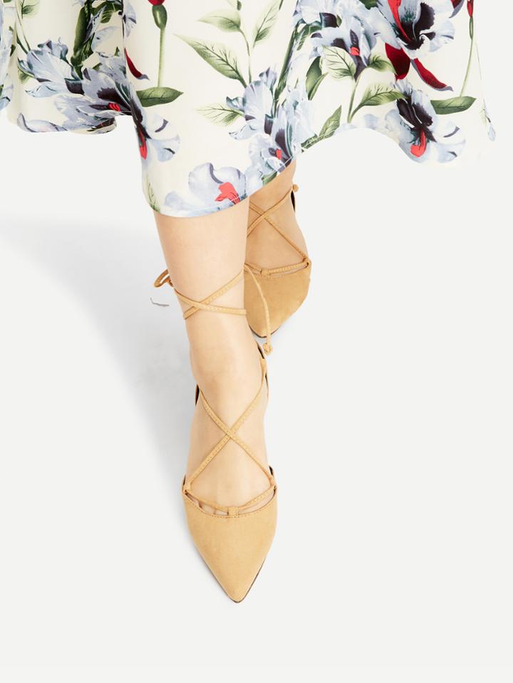Romwe Khaki Point Toe Lace Up Ballet Flats