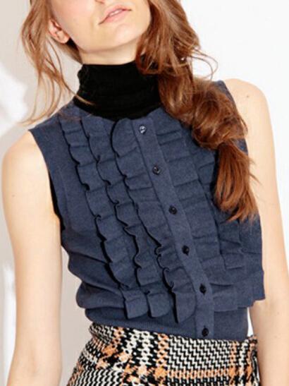 Romwe Round Neck Ruffle Buttons Vest