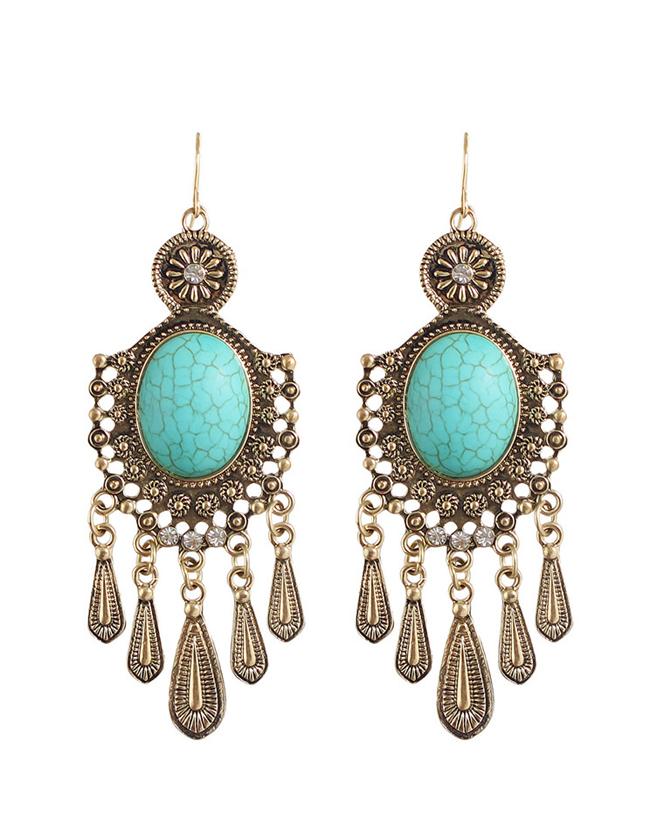 Romwe Gold Turquoise Big Chandelier Earrings