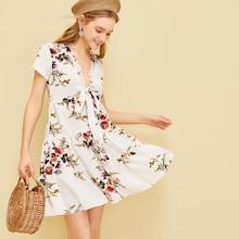 Romwe Ruffle Trim Tie Front V-neck Floral Print Dress