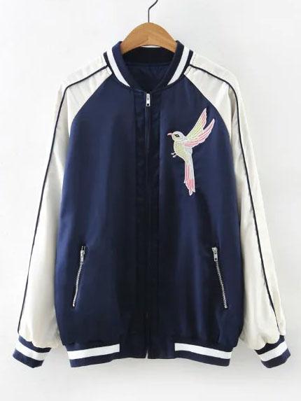 Romwe Navy Bird Embroidered Zipper Up Bomber Jacket