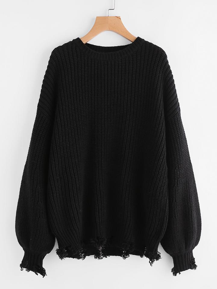 Romwe Raw Cut Puff Sleeve Jumper