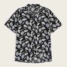 Romwe Guys Revere Collar Jungle Leaf Print Shirt